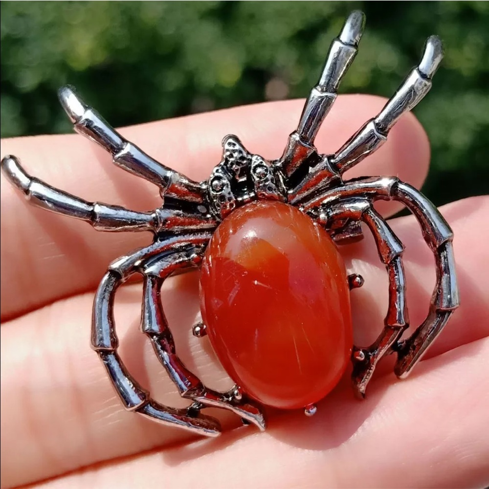 Red agate spider silver brooch